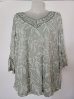 Absolutely Famous Sage Green Leaf-Print V-Neck Crochet-Trim Tunic